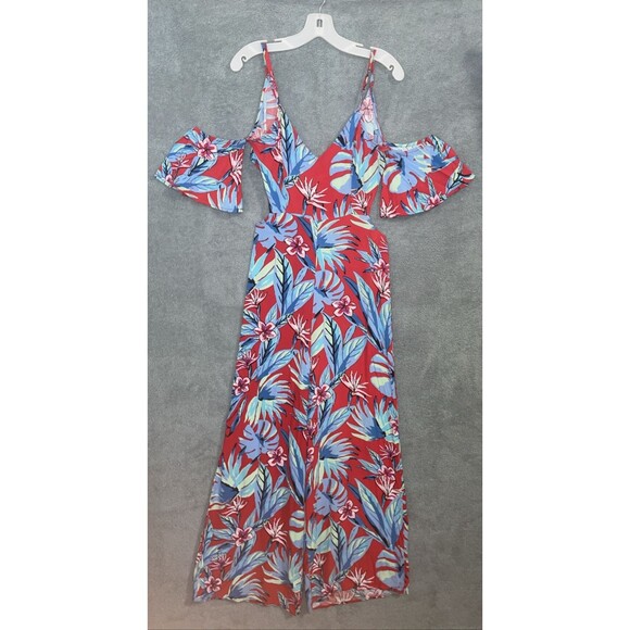 Flying Tomato Pants - Flying Tomato Jumpsuit Womens Small Red Wide Leg Floral Resort Tropical Casual